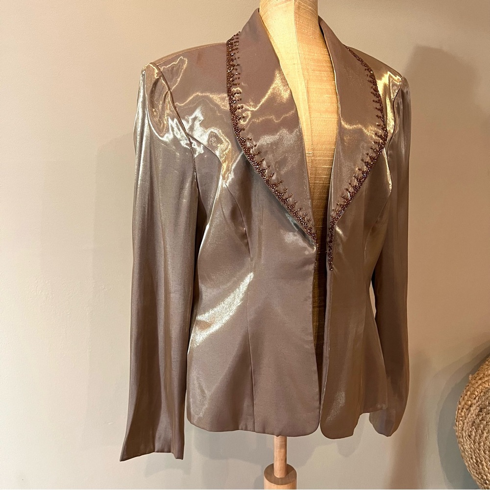Vintage Alex‎ Evenings Metallic Beaded Evening Blazer Jacket Sz 8 Shiny Gold